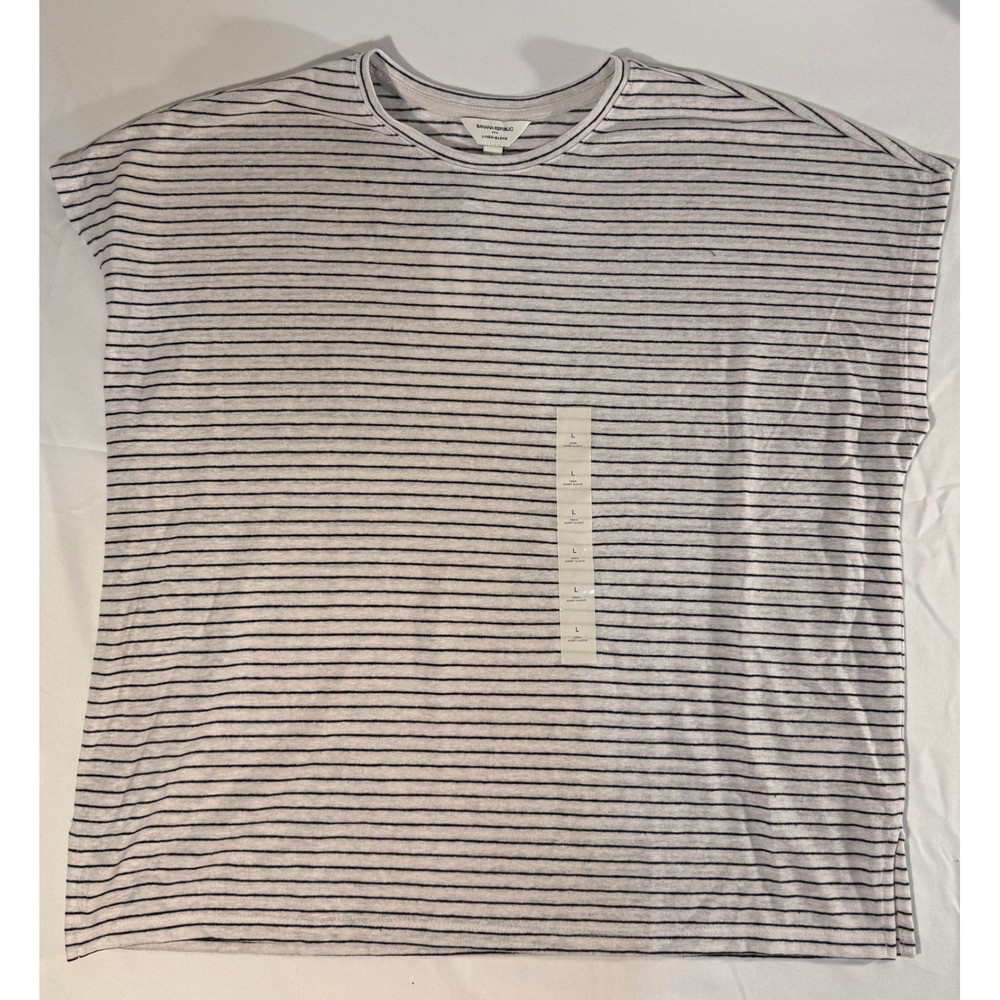 Banana Republic Womens Linen Blend Striped Crew Neck Boxy T-Shirt Large White